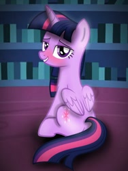 Size: 768x1024 | Tagged: safe, artist:orange becrux, twilight sparkle, alicorn, pony, g4, blushing, butt, female, imminent sex, library, lip bite, looking at you, mare, plot, sitting, solo, twilight sparkle (alicorn), twilight's castle, twilight's castle library
