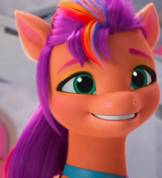 Size: 1221x1339 | Tagged: safe, screencap, sunny starscout, earth pony, pony, g5, missing the mark, my little pony: make your mark, my little pony: make your mark chapter 4, spoiler:g5, spoiler:my little pony: make your mark, spoiler:my little pony: make your mark chapter 4, spoiler:mymc04e07, cropped, female, mane stripe sunny, mare, smiling, solo