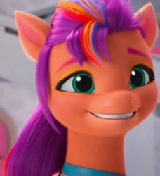 Size: 1221x1339 | Tagged: safe, screencap, sunny starscout, earth pony, pony, g5, missing the mark, my little pony: make your mark, my little pony: make your mark chapter 4, spoiler:g5, spoiler:my little pony: make your mark, cropped, female, mane stripe sunny, mare, smiling, solo