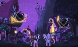 Size: 2048x1240 | Tagged: safe, artist:orange becrux, starlight glimmer, twilight sparkle, alicorn, pony, unicorn, g4, black hole, butt, duo, female, mare, night, plot, ponyville, twilight sparkle (alicorn)