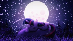 Size: 1258x709 | Tagged: safe, artist:orange becrux, twilight sparkle, pony, unicorn, g4, female, forest, moon, night, rock, sad, solo, stars, unicorn twilight