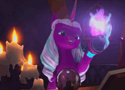 Size: 1472x1066 | Tagged: safe, edit, edited screencap, screencap, opaline arcana, alicorn, fire alicorn, pony, g5, missing the mark, my little pony: make your mark, my little pony: make your mark chapter 4, spoiler:g5, spoiler:my little pony: make your mark, spoiler:my little pony: make your mark chapter 4, spoiler:mymc04e07, animated, candle, cropped, crystal ball, female, fire, fire magic, gif, loop, magic, mare, reversed, solo