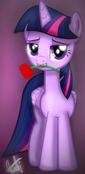 Size: 387x792 | Tagged: safe, artist:orange becrux, twilight sparkle, alicorn, pony, g4, female, flower, flower in mouth, looking at you, mouth hold, rose, rose in mouth, solo, twilight sparkle (alicorn)