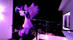 Size: 1262x709 | Tagged: safe, artist:orange becrux, twilight sparkle, alicorn, pony, g4, balcony, chromatic aberration, city, female, sitting, solo, twilight sparkle (alicorn)