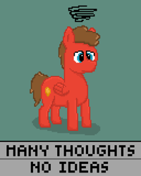 Size: 512x640 | Tagged: safe, artist:valuable ashes, oc, oc only, oc:resin, pegasus, pony, blue eyes, confused, pixel art, simple background, solo, text, three quarter view