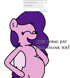 Size: 3023x3351 | Tagged: safe, artist:professorventurer, pipp petals, pegasus, pony, series:ask pippamena, g5, belly, big belly, chest fluff, dialogue, female, high res, homer simpson, hooves on hips, implied izzy moonbow, mare, pippamena, pregnant, primrose petals, simple background, solo, white background