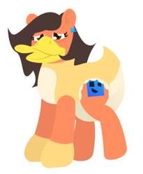 Size: 365x446 | Tagged: safe, alternate version, artist:epsipepnsfw, oc, oc only, oc:robertapuddin, pony, diaper, diaper under clothes, duck bill, duck costume, literal duck face, mittens, non-baby in diaper, onesie, poofy diaper, simple background, solo, white background, wip