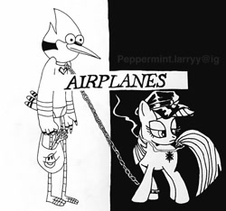 Size: 1080x1009 | Tagged: safe, twilight sparkle, bird, blue jay, pony, unicorn, g4, black and white, chains, cigarette, clothes, crossover, crossover shipping, death grips, female, grayscale, groceries, grocery store, hat, instagram, leash, male, monochrome, mordecai, mordetwi, regular show, shipping, signature, straight, the money store, underwear