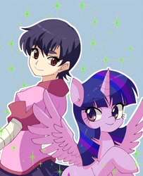 Size: 2440x3010 | Tagged: safe, artist:plusplus_pony, twilight sparkle, alicorn, human, g4, anime, bakemonogatari, blue background, crossover, duo, duo female, female, high res, horn, human female, kanbaru suruga, outline, simple background, sparkles, spread wings, twilight sparkle (alicorn), white outline, wings