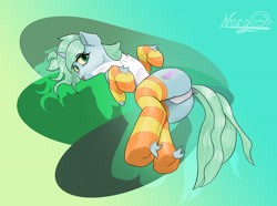 Size: 4224x3136 | Tagged: safe, artist:nergo, oc, oc only, pony, unicorn, butt, chest fluff, clothes, dock, featureless crotch, female, gradient background, panties, plot, socks, solo, stockings, striped socks, tail, thigh highs, tongue out, underwear