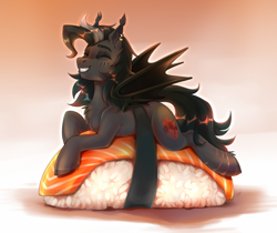 Size: 2200x1850 | Tagged: safe, artist:serodart, oc, oc only, bat pony, bat ears, bat pony oc, bat wings, chest fluff, food, gradient background, lying down, piercing, ponies in food, ponies in sushi, scarf, smiling, solo, sushi, wings
