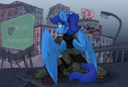 Size: 4096x2807 | Tagged: safe, artist:reddthebat, oc, oc only, oc:amber steel, pegasus, pony, fallout equestria, bottle, city, enclave, female, frown, grand pegasus enclave, implied tail hole, implied wing hole, looking at you, looking back, looking back at you, mare, ruins, sitting, solo, tail, wings