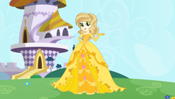 Size: 6000x3400 | Tagged: safe, artist:rainshadow, sweet biscuit, human, equestria girls, g4, beautiful, canterlot, castle, clothes, dress, equestria girls-ified, female, gloves, gown, jewelry, long gloves, petticoat, princess costume