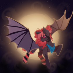 Size: 2000x2000 | Tagged: safe, artist:muna, oc, oc only, oc:peach velvet, bat pony, bandana, bat pony oc, beautiful, clothes, commission, female, flying, high res, mare, moon, night, night sky, sky, socks, solo, striped socks