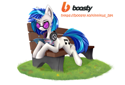 Size: 3850x2620 | Tagged: safe, artist:tinnitus, dj pon-3, vinyl scratch, pony, unicorn, g4, advertisement, advertising, boosty, daring do and the sapphire statue, female, high res, mare, money, simple background, support, white background