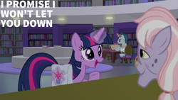 Size: 2000x1125 | Tagged: safe, edit, edited screencap, editor:quoterific, screencap, dusty pages, twilight sparkle, pony, unicorn, g4, the point of no return, bag, book, bookshelf, canterlot, canterlot library, glasses, library, saddle bag, unicorn twilight