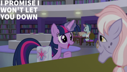 Size: 2000x1125 | Tagged: safe, edit, edited screencap, editor:quoterific, screencap, dusty pages, polo play, twilight sparkle, pony, unicorn, g4, the point of no return, bag, book, bookshelf, canterlot, canterlot library, glasses, las pegasus resident, library, saddle bag, unicorn twilight