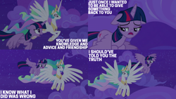 Size: 2000x1125 | Tagged: safe, edit, edited screencap, editor:quoterific, screencap, princess celestia, twilight sparkle, alicorn, pony, g4, horse play, cloud, duo, floppy ears, flying, hoof shoes, night, sad, stars, twilight sparkle (alicorn)