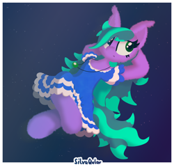 Size: 1324x1256 | Tagged: safe, artist:silvaqular, oc, oc:cyanette, earth pony, pony, blue, bored, clothes, cute, dress, floating, fluffy, jewelry, lying down, multicolored hair, multicolored mane, necklace, ocbetes, on back, relaxing, shading, solo, spiky hair, spiky mane, vibing, wind