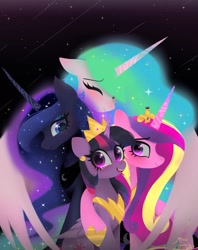 Size: 1620x2048 | Tagged: safe, artist:petaltwinkle, princess cadance, princess celestia, princess luna, twilight sparkle, alicorn, pony, g4, alicorn tetrarchy, blushing, crown, eyes closed, family, female, hug, jewelry, mare, open mouth, open smile, peytral, regalia, smiling, twilight sparkle (alicorn), winghug, wings