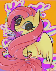 Size: 1620x2048 | Tagged: safe, artist:petaltwinkle, fluttershy, pegasus, pony, g4, abstract background, bendy straw, chromatic aberration, drink, drinking, drinking straw, female, grimace shake, hoof hold, looking at you, looking back, looking back at you, mare, mcdonald's, meme, milkshake, one wing out, shrunken pupils, sipping, solo, wings