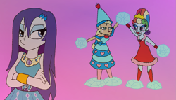 Size: 1631x932 | Tagged: safe, artist:bugssonicx, applejack, rainbow dash, rarity, human, equestria girls, g4, angry, applejack also dresses in style, applejack is not amused, bow, clothes, crossed arms, dress, gradient background, hat, hennin, humanized, rainbow dash always dresses in style, rainbow dash is not amused, rarity peplum dress, sleeveless, sleeveless dress, smiling, smirk, unamused