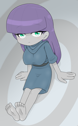 Size: 2227x3599 | Tagged: safe, artist:batipin, maud pie, human, equestria girls, g4, barefoot, big breasts, breasts, busty maud pie, eyebrows, eyebrows visible through hair, feet, female, high res, looking at you, solo