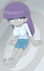 Size: 2227x3599 | Tagged: safe, alternate version, artist:batipin, maud pie, human, equestria girls, g4, barefoot, big breasts, boob socks, breasts, busty maud pie, clothes, compression shorts, eyebrows, eyebrows visible through hair, feet, female, high res, looking at you, solo