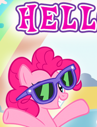 Size: 245x320 | Tagged: safe, gameloft, pinkie pie, earth pony, pony, g4, cropped, english, female, hell, mare, meme, smiling, solo, sunglasses, text, wow! glimmer