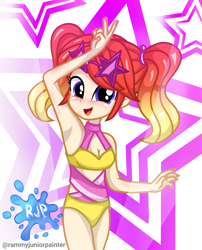 Size: 2015x2490 | Tagged: safe, artist:rjp.rammy, oc, oc only, oc:viona buns, human, equestria girls, g4, armpits, bare shoulders, breasts, cleavage, clothes, cute, female, high res, legs together, looking at you, ocbetes, one-piece swimsuit, open mouth, open smile, sleeveless, smiling, smiling at you, solo, swimsuit