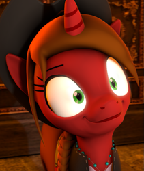 Size: 741x879 | Tagged: safe, artist:alcohors, oc, oc only, oc:essy ferguson, pony, unicorn, 3d, clothes, female, hat, internal screaming, looking at you, mare, solo, stare, staring into your soul