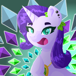 Size: 2023x2023 | Tagged: safe, artist:lindasaurie, rarity, pony, unicorn, g4, alternate design, bust, diamonds, ear piercing, eyebrows, eyebrows visible through hair, female, happy, high res, hoof on chest, jewelry, leaf, lineless, looking at you, mare, necklace, open mouth, piercing, redesign, solo