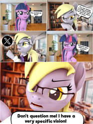 Size: 2248x3004 | Tagged: safe, artist:marshmallow-pone, derpy hooves, twilight sparkle, g4, 3d, comic, derpy musk, dialogue, female, glasses, high res, mare, source filmmaker