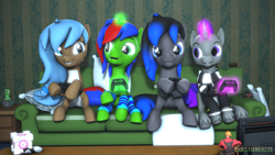 Size: 1920x1080 | Tagged: safe, artist:christian69229, oc, oc only, oc:christian clefnote, oc:danny wildwolf, oc:iva, oc:legacy lexston, earth pony, pony, unicorn, 3d, :p, clothes, commission, controller, earth pony oc, female, horn, leg warmers, male, mare, nintendo switch, pillow, portal, smiling, socks, source filmmaker, stallion, striped socks, tongue out, unicorn oc, wings, ych result