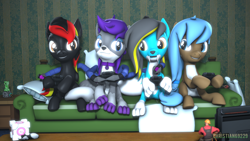 Size: 1920x1080 | Tagged: oc name needed, safe, artist:christian69229, oc, oc only, oc:iva, oc:red arrow, oc:thunder slash, earth pony, pegasus, pony, 3d, :p, clothes, commission, controller, earth pony oc, female, male, mare, nintendo switch, pegasus oc, pillow, portal, smiling, socks, source filmmaker, stallion, striped socks, tongue out, wings, ych result