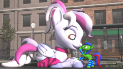 Size: 1920x1080 | Tagged: safe, artist:christian69229, oc, oc only, oc:christian clefnote, oc:windbreaker, pegasus, pony, unicorn, 3d, boop, clothes, female, giant pony, giantess, horn, leg warmers, looking at each other, looking at someone, macro, male, mare, pegasus oc, smiling, socks, source filmmaker, stallion, striped socks, unicorn oc