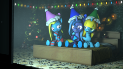 Size: 1920x1080 | Tagged: safe, artist:christian69229, oc, oc only, oc:cuteamena, oc:lulu star moonie, oc:sunshine denom, earth pony, pony, unicorn, 3d, bed, christmas, earth pony oc, female, hat, holiday, horn, hug, laughing, mare, not luna, santa hat, scared, source filmmaker, unicorn oc