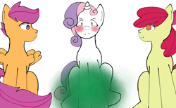 Size: 2048x1261 | Tagged: safe, artist:yukimenochanuwu, apple bloom, scootaloo, sweetie belle, pegasus, pony, unicorn, g4, accidental farting, blushing, cutie mark crusaders, embarrassed, fart, fart cloud, fart fetish, fetish, simple background, sitting, trio, white background