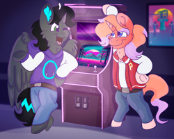 Size: 2500x2000 | Tagged: safe, artist:euspuche, oc, oc only, pegasus, pony, unicorn, arcade, bipedal, clothes, high res, looking at each other, looking at someone, talking, vaporwave