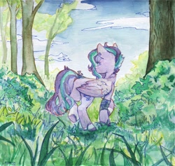 Size: 2307x2186 | Tagged: safe, artist:laymy, oc, oc only, pegasus, pony, butt, female, forest, high res, mare, plot, solo, traditional art