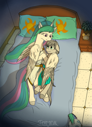 Size: 1440x1980 | Tagged: safe, artist:terminalhash, princess celestia, oc, oc:light knight, alicorn, pegasus, pony, g4, alarm clock, armor, armor skirt, bed, bedroom, canon x oc, clock, clothes, dress, duo, fantasy class, female, greece, greek, guard, helmet, knight, light, lightestia, male, military, pedestal, pillow, roman, skirt, spartan, straight, sun, toga, underwear, warrior, watch