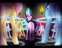 Size: 1280x999 | Tagged: safe, artist:digisketchpad, applejack, fluttershy, pinkie pie, rainbow dash, rarity, starlight glimmer, twilight sparkle, fanfic:the friendship test, g4, 2020, abstract background, fanfic art, group, this will end in communism