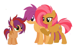 Size: 760x448 | Tagged: safe, artist:kaiimira, babs seed, scootaloo, oc, oc:truffles, g4, 2016, colt, female, foal, lesbian, magical lesbian spawn, male, mother and child, offspring, parent:babs seed, parent:scootaloo, parents:babscoot, parents:scootababs, ship:babscoot, shipping, simple background, trio, white background
