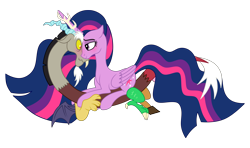 Size: 2048x1210 | Tagged: safe, artist:utts, discord, twilight sparkle, alicorn, draconequus, pony, g4, the last problem, antlers, blushing, face to face, female, horn, long mane, long tail, male, mare, older, older twilight, older twilight sparkle (alicorn), princess twilight 2.0, ship:discolight, shipping, simple background, sitting on person, straight, tail, transparent background, twilight sparkle (alicorn)