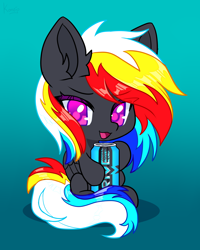 Size: 2800x3500 | Tagged: safe, oc, oc only, oc:darky wings, pegasus, pony, chibi, commission, cute, drink, energy drink, gradient background, high res, konejo, multicolored hair, smol, solo