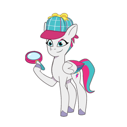 Size: 1200x1200 | Tagged: safe, derpibooru exclusive, zipp storm, pegasus, pony, g5, my little pony: tell your tale, colored wings, concave belly, deerstalker, detective, detective zipp, female, folded wings, hat, hoof hold, magnifying glass, multicolored wings, not a vector, sherlock holmes, simple background, smiling, solo, transparent background, unshorn fetlocks, wings, zipplock