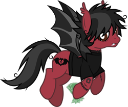 Size: 1505x1266 | Tagged: safe, artist:lightningbolt, derpibooru exclusive, bat pony, pony, g4, the mean 6, .svg available, bags under eyes, bat wings, clone, clothes, ear fluff, evil clone, eyeliner, fall out boy, fangs, flying, frown, hair over one eye, hoof hold, lidded eyes, looking down, makeup, male, messy mane, messy tail, money, pete wentz, ponified, shirt, show accurate, simple background, slit pupils, solo, spread wings, stallion, svg, t-shirt, tail, tattoo, transparent background, vector, wings