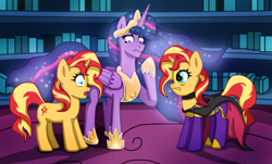 Size: 2797x1686 | Tagged: safe, artist:edcom02, sunset shimmer, twilight sparkle, alicorn, pony, unicorn, spiders and magic: rise of spider-mane, g4, the last problem, cape, clothes, ethereal mane, older, older twilight, older twilight sparkle (alicorn), princess twilight 2.0, self paradox, self ponidox, twilight sparkle (alicorn), twilight's castle