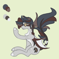 Size: 3000x3000 | Tagged: safe, artist:polish_pigeon, oc, bat kirin, bat pony, hybrid, kirin, pony, winged kirin, auburn fall, chest fluff, cloven hooves, concave belly, ear fluff, fluffy, green background, high res, male, pale belly, ponysona, raised tail, redesign, reference sheet, simple background, solo, spots, stallion, surprised, tail, wide eyes, wings, wings down