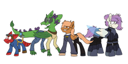 Size: 4000x2000 | Tagged: safe, artist:grandfinaleart, oc, oc only, oc:grand finale, alien, original species, pegasus, pony, alternate hairstyle, angry, armor, armored pony, augmented, badge, black sclera, body armor, boots, brown eyes, canines, clothes, cybernetic pony, dark eyes, digital art, facial hair, female, flower, folded wings, goatee, goggles, goggles on head, green skin, jumpsuit, laser pistol, leaf, looking at you, male, mare, mare oc, orange eyes, orange fur, orange hair, orange mane, orange tail, pegasus oc, pink hair, pink mane, pink tail, plant, red fur, robotic arm, scar, scowl, shoes, short tail, simple background, smiling, smiling at you, smirk, space pirate, stripes, suit, tail, toothy grin, transparent background, uniform, weapon, wings, yellow eyes